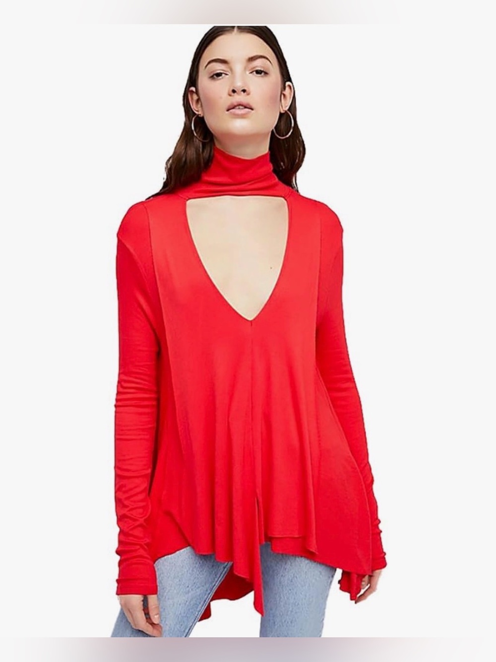 Free People Uptown Tunic Top Red Choker Deep V Neck Ribbed Oversized Small